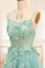A-Line Spaghetti Straps Long Sparkly Prom Dress With Appliques With Slit