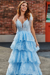 Princess Light Blue Bow Tie Straps Sequin Tiered Tulle Long Sparkly Prom Dress Beautiful