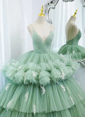 Light Green Tulle Layers Low Back Prom Dress Sweet 16 Dress Quinceanera Dress