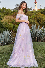 Lavender A Line Off The Shoulder Tulle Formal Dress With Embroidery Prom Dress With Flowers
