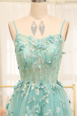 A-Line Spaghetti Straps Long Sparkly Prom Dress With Appliques With Slit