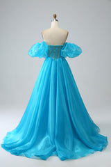 Blue Ball-Gown Sweetheart Beaded Corset Prom Dress with Detachable Sleeves Off Shoulder