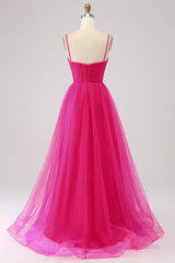 A-Line Spaghetti Straps Long Corset Fuchsia Prom Dress with Slit Pure Color
