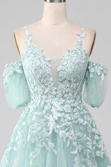 Ball-Gown Off The Shoulder Beaded Mint Prom Dress With Appliques Floor Length Beautiful
