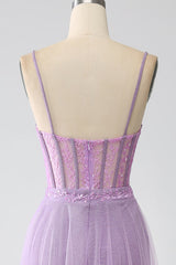 A-Line Lilac Spaghetti Straps Long Corset Prom Dress Floor Length