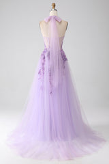 Purple A-Line Halter Neck Beaded Long Prom Dress V-neck With Slit