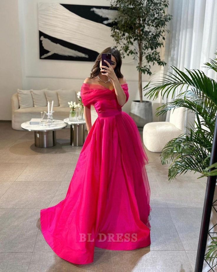 A-Line Off the Shoulder Hot Pink formal dresses Bridesmaid Dresses evening gown Prom Dress