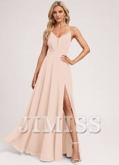 A-line V-neck tea-length chiffon pleated bridesmaid dress