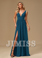 A-line dress V-neck floor-length chiffon bridesmaid dress