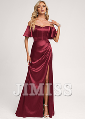 A-Line Off-The-Shoulder Floor-Length Satin Bridesmaids Dress