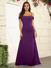 Split off shoulder thin shoulder strap chiffon and floor length bridesmaid dress