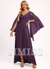 Ruffled A-line V-neck Asymmetric Chiffon Bridesmaids Dress