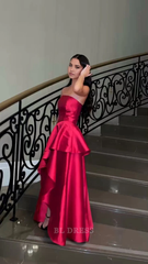 A line Strapless Ruffles Floor Length Satin formal dresses Bridesmaid Dresses evening gown Prom Dress