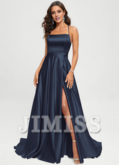 A-shaped square sweeping trailing satin Prom dress