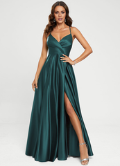 A-line V-neck floor-length satin prom dress