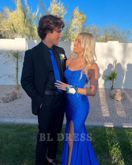 Mermaid Spaghetti Straps Backless Blue formal dresses Bridesmaid Dresses evening gown Prom Dress With Slit