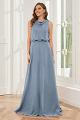 Pillar style wind neck sleeveless chiffon and floor length bridesmaid dress