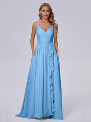 Elegant shoulder strap chiffon and floor length bridesmaid dress