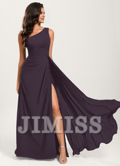 Ruffled A-line One Shoulder Floor Length Chiffon Bridesmaid Dress