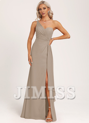 Ruffled A-line One Shoulder Floor Length Chiffon Bridesmaid Dress