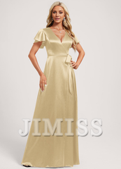 A-Line V-Neck Floor-Length Stretch Satin Bridesmaids Dress