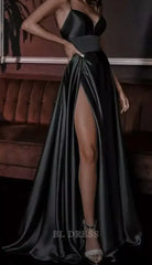 A line Spaghetti Straps Black Satin Slit Long formal dresses Bridesmaid Dresses evening gown Prom Dress