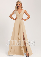 Ruffled A-line V-neck Floor-length Chiffon Bridesmaids Dress