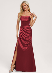 Trumpet/Mermaid Hood Ruffle Floor Length Satin Bridesmaids Dress