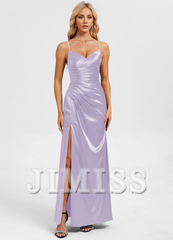 Bodycon straight V-neck floor-length pleated satin prom dress