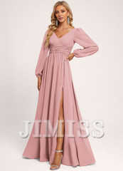 Ruffled A-line V-neck Floor-length Chiffon Bridesmaids Dress