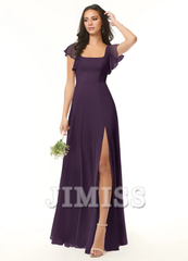 A-line pleated chiffon backless side slit and floor length bridesmaid dress - Jimiss Dress