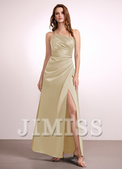 A-line one-shoulder floor-length satin bridesmaid dress