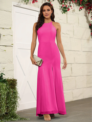 Simple neck hanging chiffon split and floor length bridesmaid dress