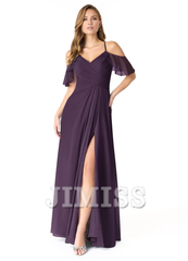 A-line V-neck pleated chiffon side slit and floor length bridesmaid dress - Jimiss Dress
