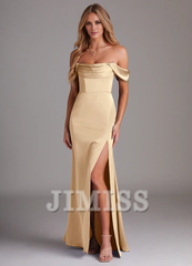 Off Shoulder Side Split Satin and Floor length Bridesmaid Dress - Jimiss Dress