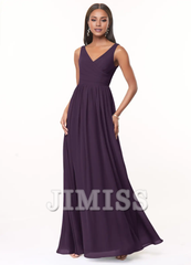 A-line V-neck pleated chiffon and floor length bridesmaid dress - Jimiss Dress