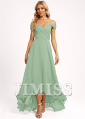 A-line off-shoulder asymmetric chiffon bridesmaid dress