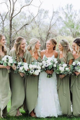 Weitese A Line V Neck Green Long Bridesmaid Dress with Short Sleeves
