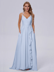 Elegant shoulder strap chiffon and floor length bridesmaid dress