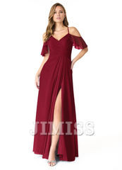 A-line V-neck pleated chiffon side slit and floor length bridesmaid dress - Jimiss Dress