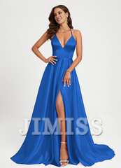 A-line V-neck floor-sweeping satin prom dress