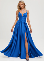 A-line V-neck pleated floor-length satin prom dress
