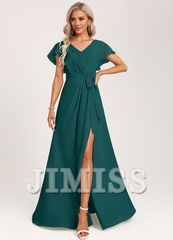 Ruffled A-line V-neck Floor-length Chiffon Bridesmaids Dress