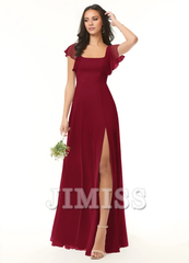 A-line pleated chiffon backless side slit and floor length bridesmaid dress - Jimiss Dress