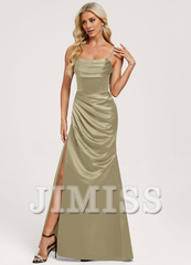 Trumpet/Mermaid Hood Ruffle Floor Length Satin Bridesmaids Dress
