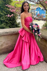 A-line Strapless Satin Tiered Hot Pink Long formal dresses Bridesmaid Dresses evening gown Prom Dress