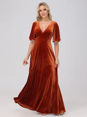 A-line V-neck short sleeved velvet and floor length bridesmaid dress