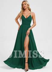 A-line V-neck pleated floor-length chiffon prom dress