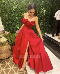 A line Strapless Red Satin Slit Long formal dresses Bridesmaid Dresses evening gown Prom Dress