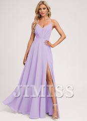 A-line V-neck tea-length chiffon pleated bridesmaid dress